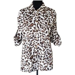 Jones New York Signature Large Leopard Print Roll-Tab Utility Blouse